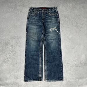 Rock & Roll Denim Straight Leg Jeans Dark Wash Distressed - Size: 34x32